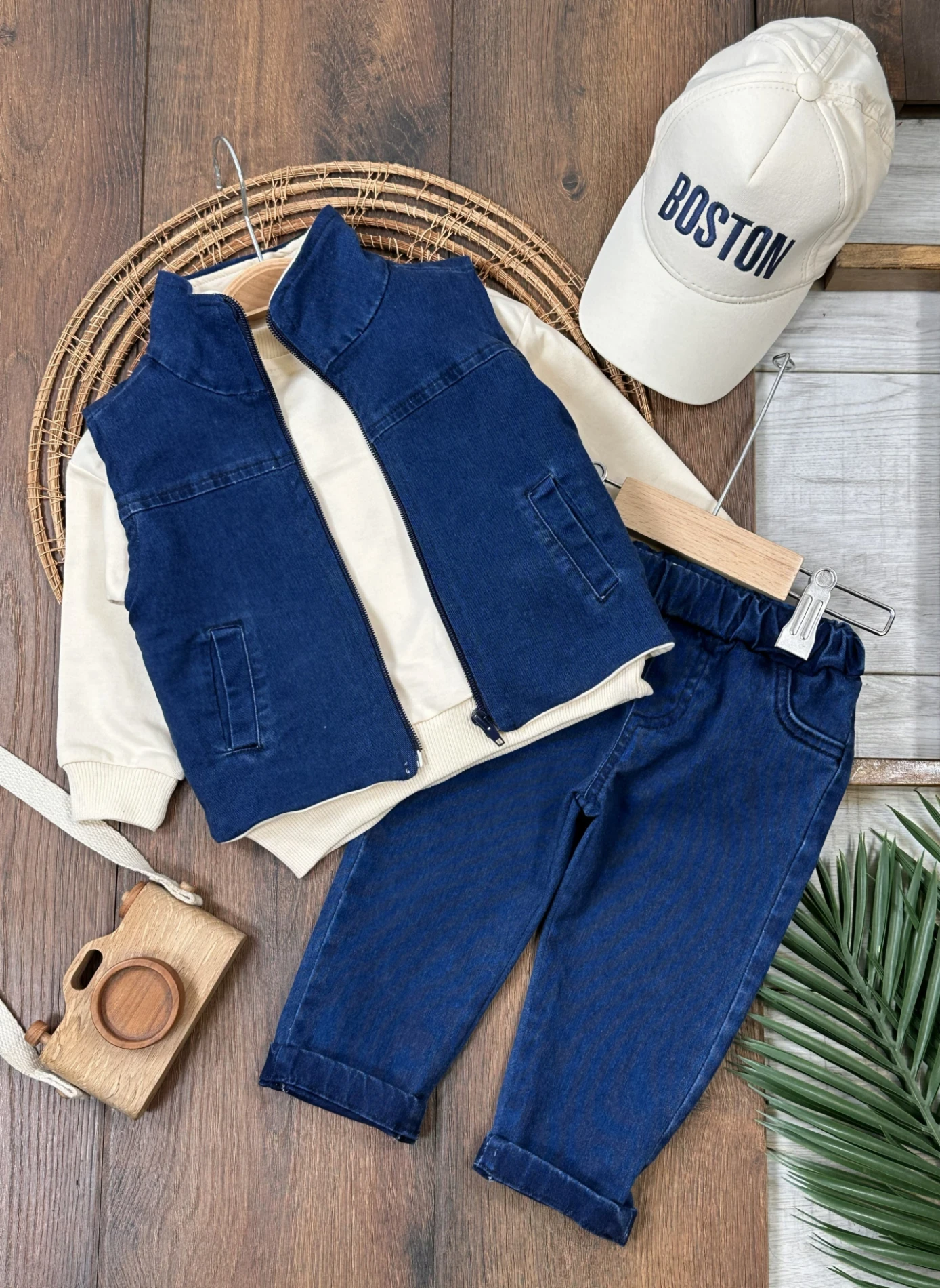 Boston Yelekli Şapkalı Oversize Sweatshirt Likralı Kot   Takım