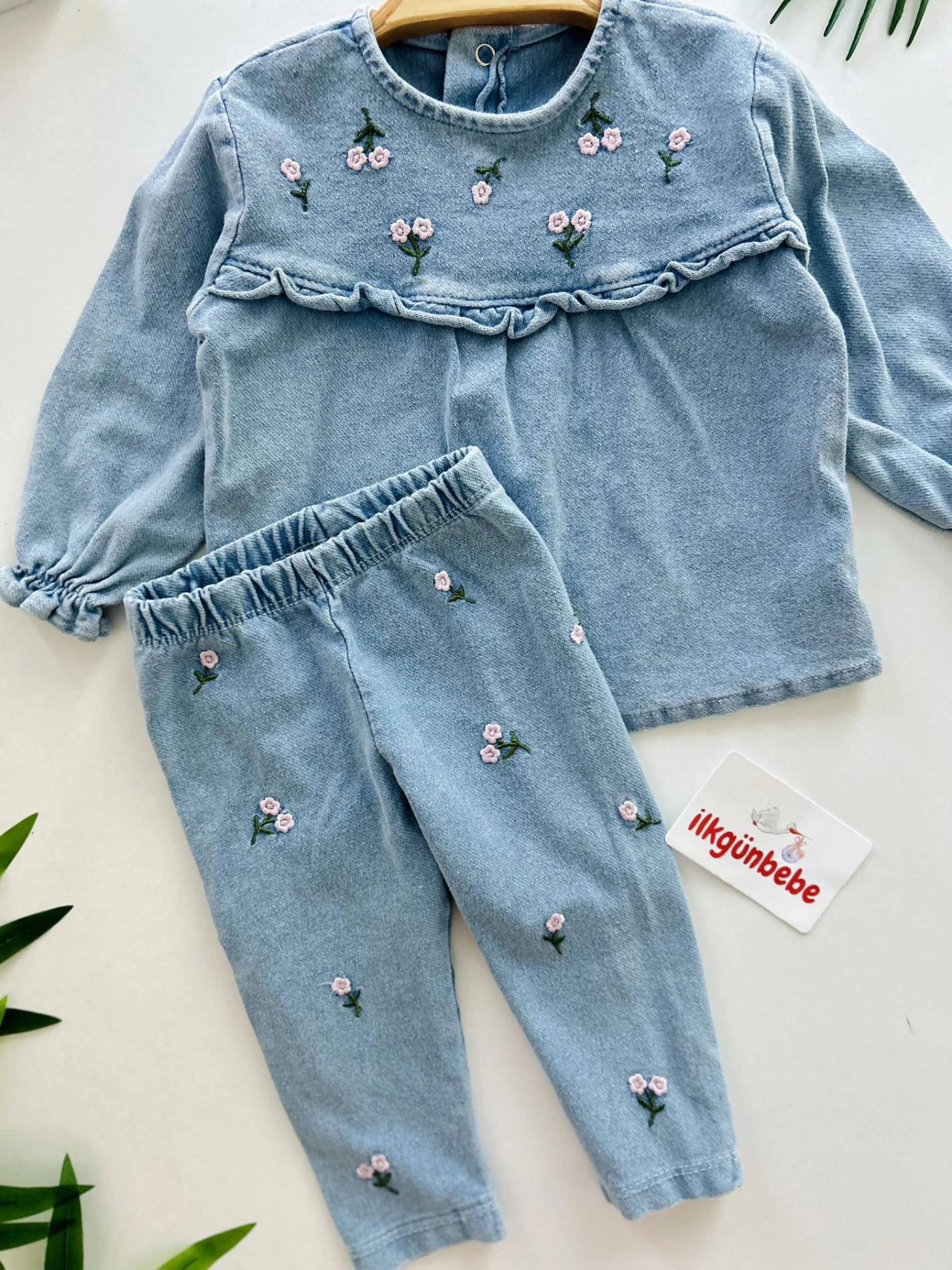 Çiçek Nakışlı Likralı Esnek Kot 2’li Takım