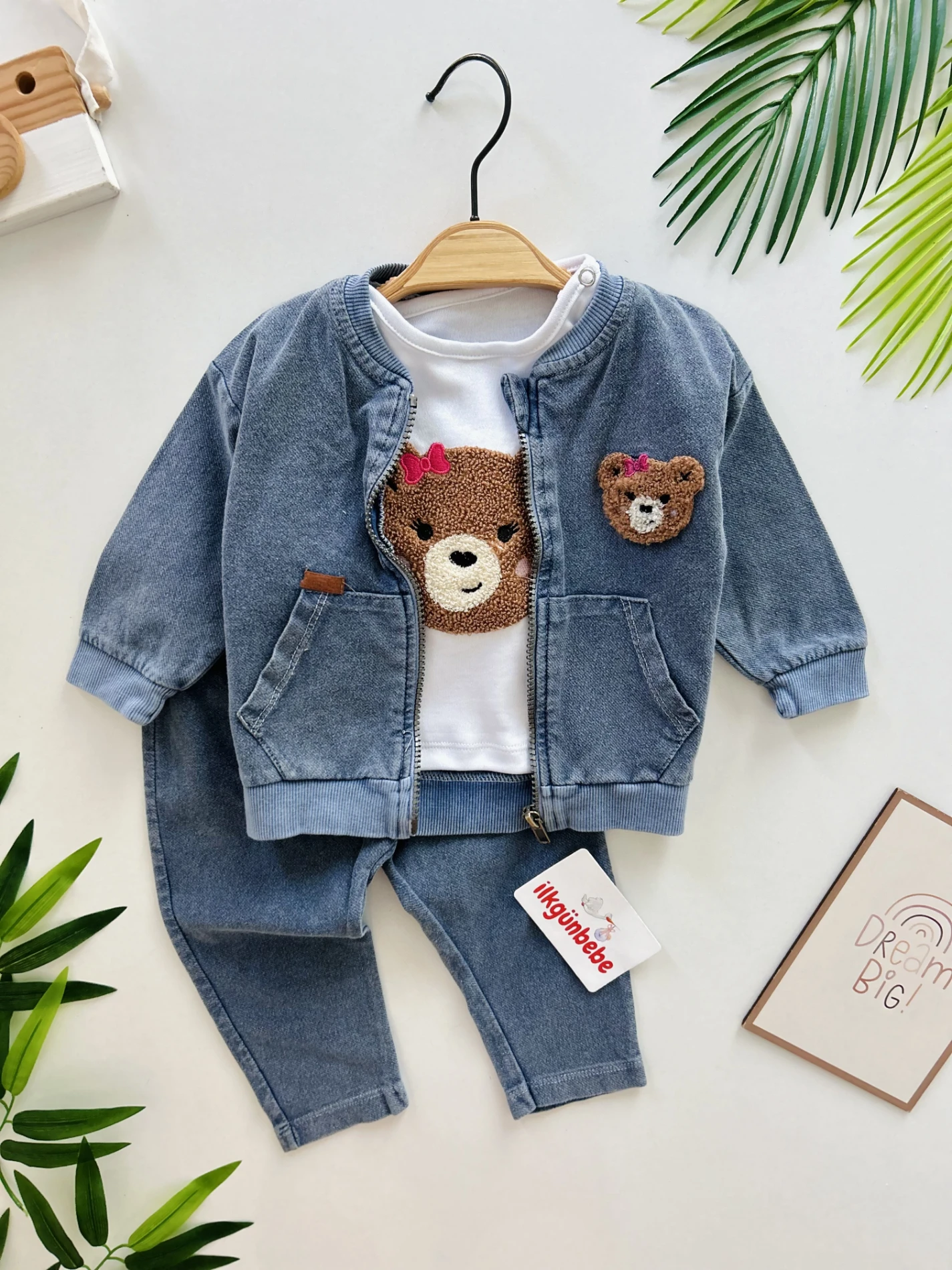 Teddy Nakışlı Kot Ceketli Premium Kalite 3’lü Takım