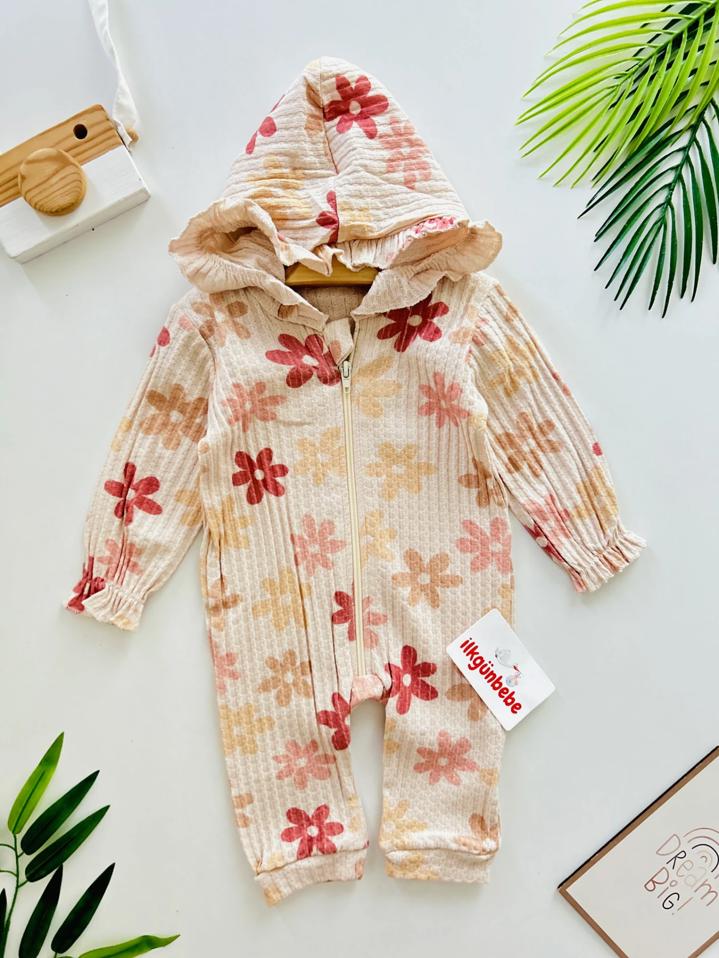 Çiçek Desenli Esnek Kumaş Kapüşonlu Tulum