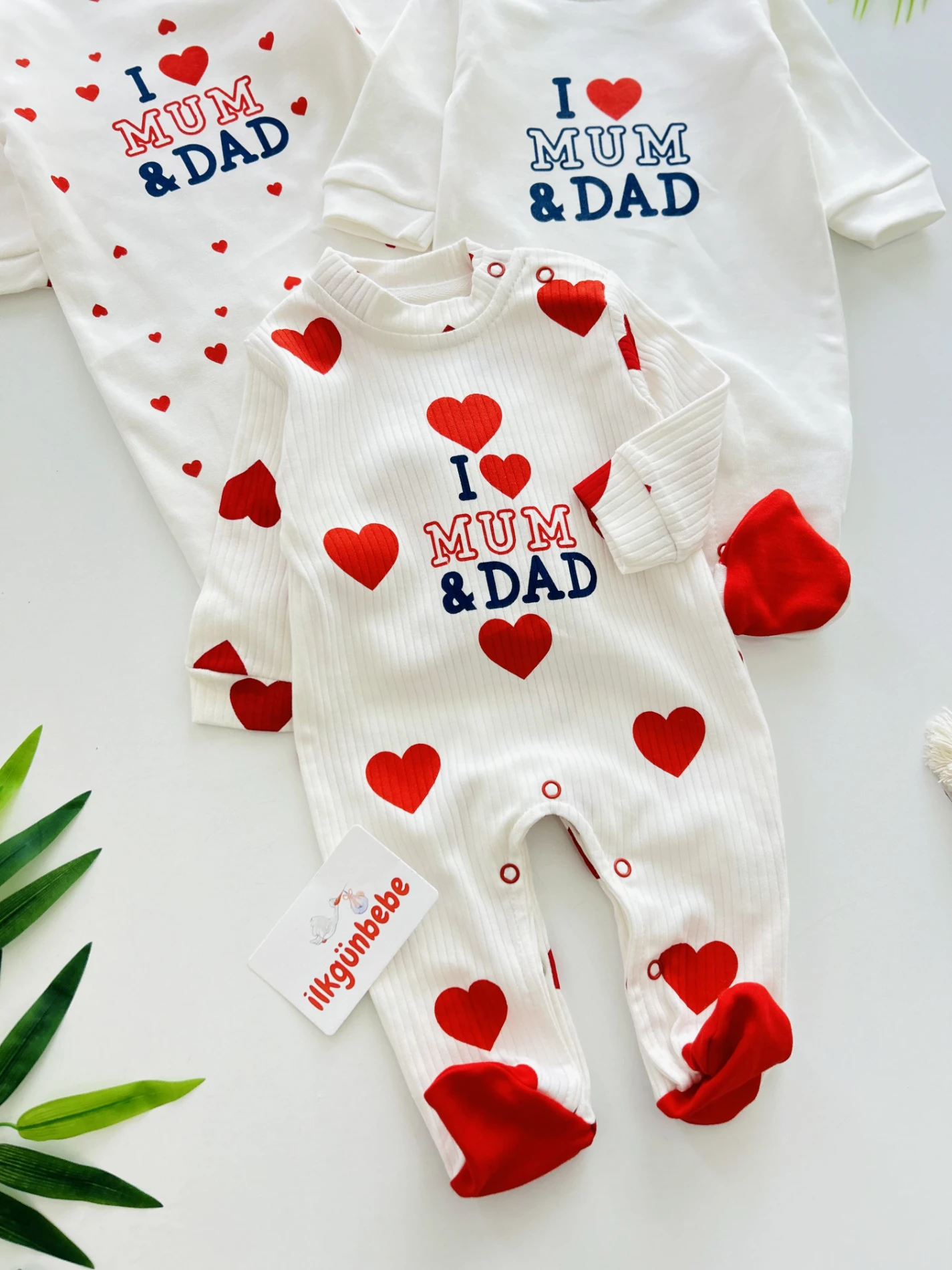 I Love Mom Dad Kalp Desenli %100 Pamuk 3’lü Tulum Set