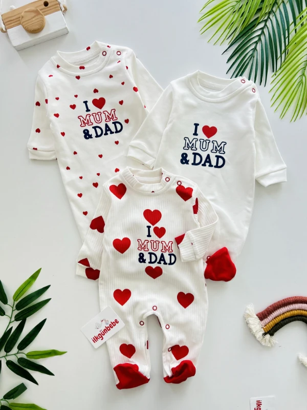 I Love Mom Dad Kalp Desenli %100 Pamuk 3’lü Tulum Set