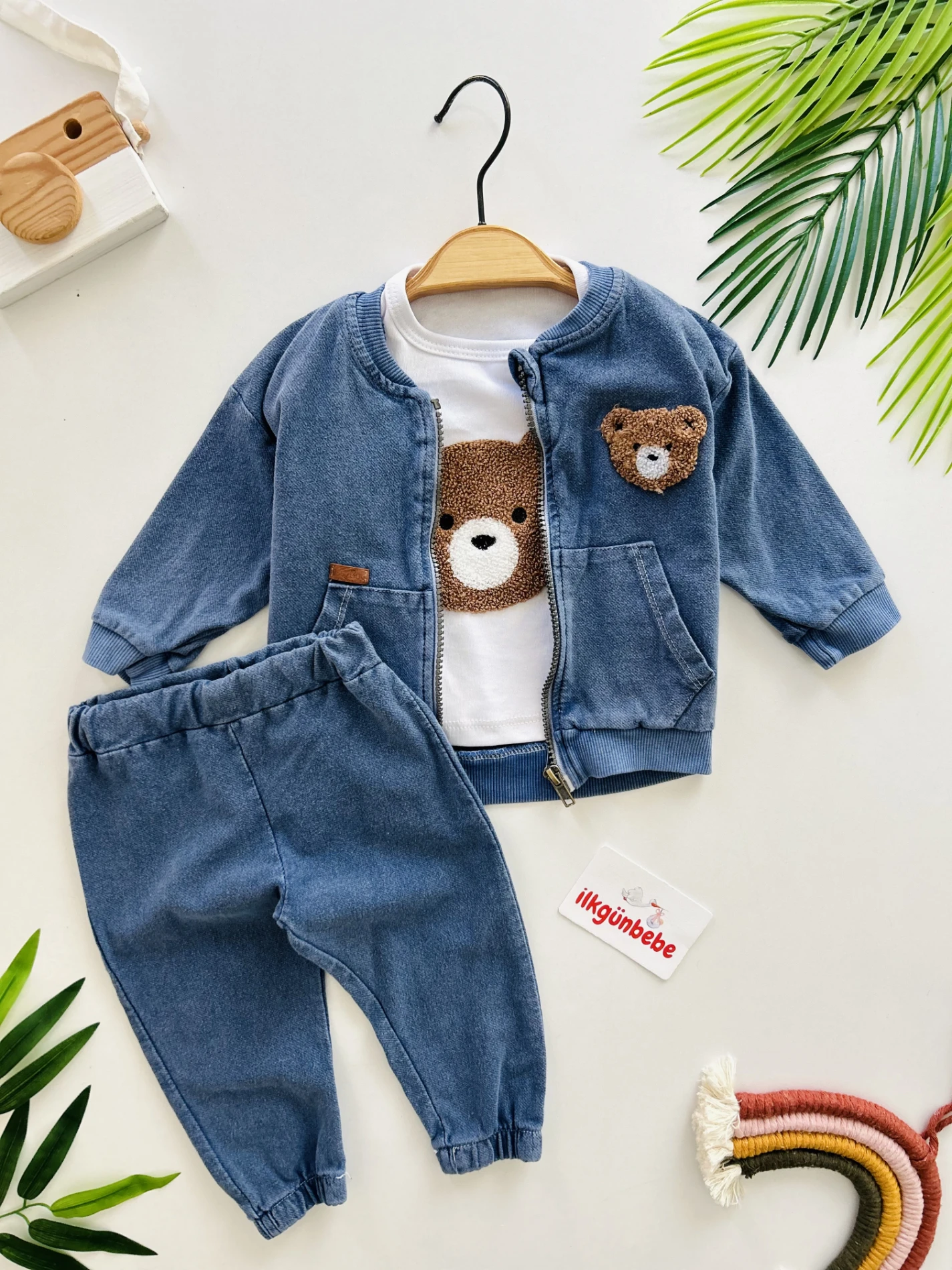 Teddy Nakışlı Kot Ceketli Premium Kalite 3’lü Takım