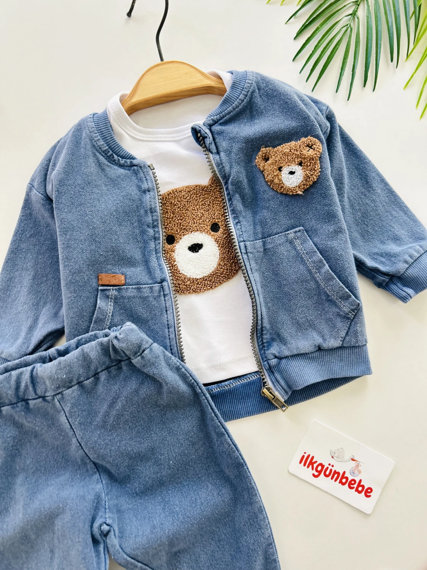 Teddy Nakışlı Kot Ceketli Premium Kalite 3’lü Takım