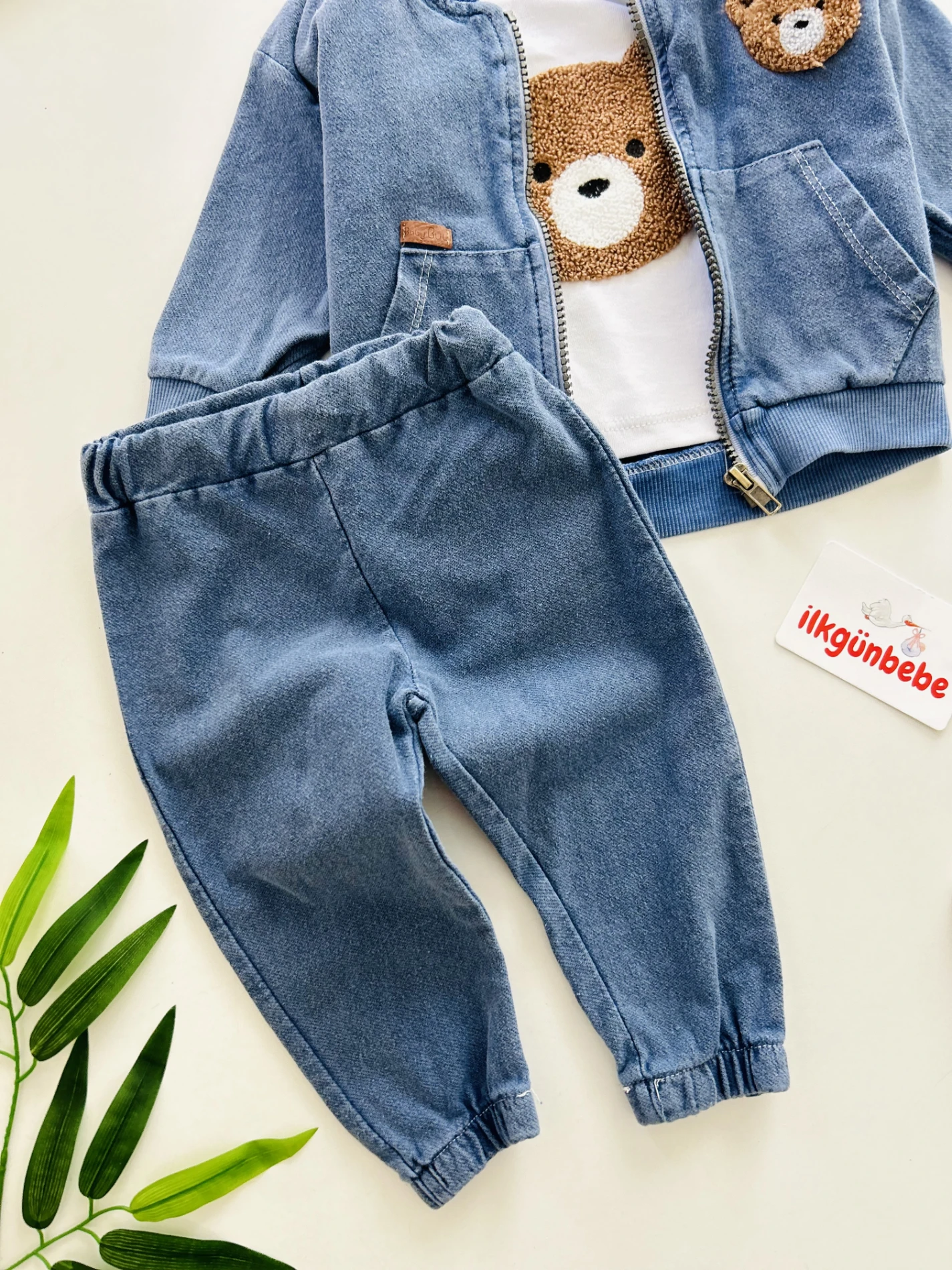 Teddy Nakışlı Kot Ceketli Premium Kalite 3’lü Takım