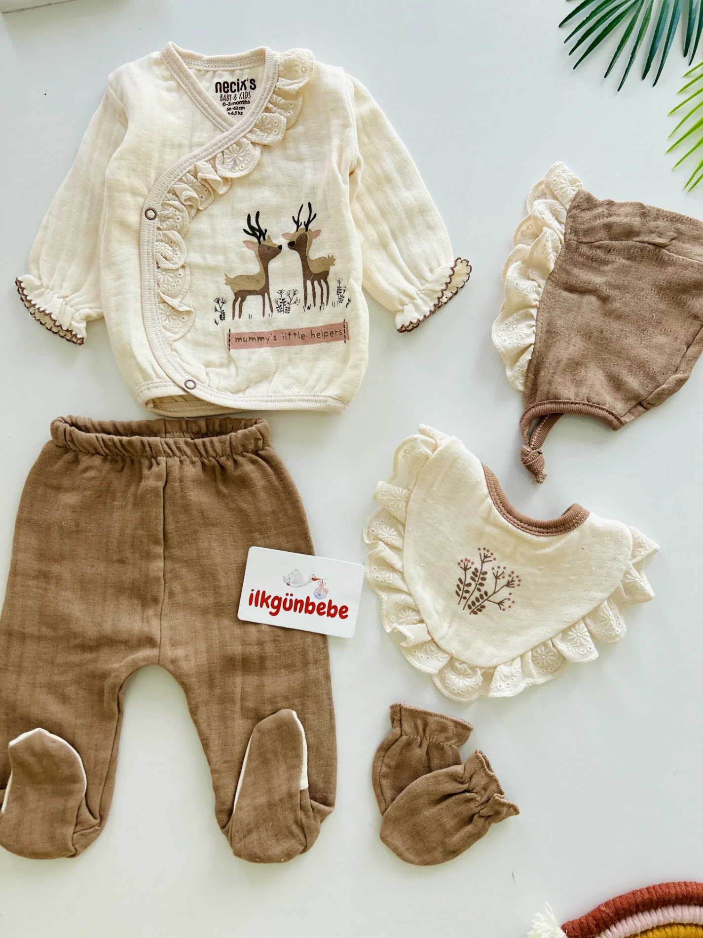 Geyik  Desenli %100 Pamuk Müslin Kumaş  Kaşkorse Esnek  5 Parça Yenidoğan Set