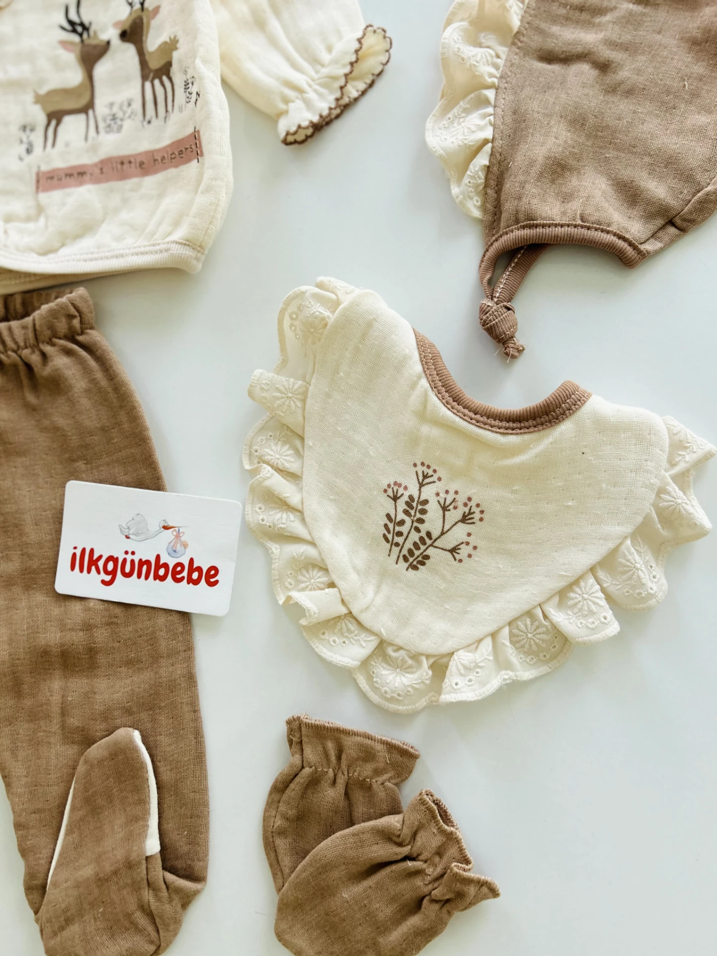 Geyik  Desenli %100 Pamuk Müslin Kumaş  Kaşkorse Esnek  5 Parça Yenidoğan Set