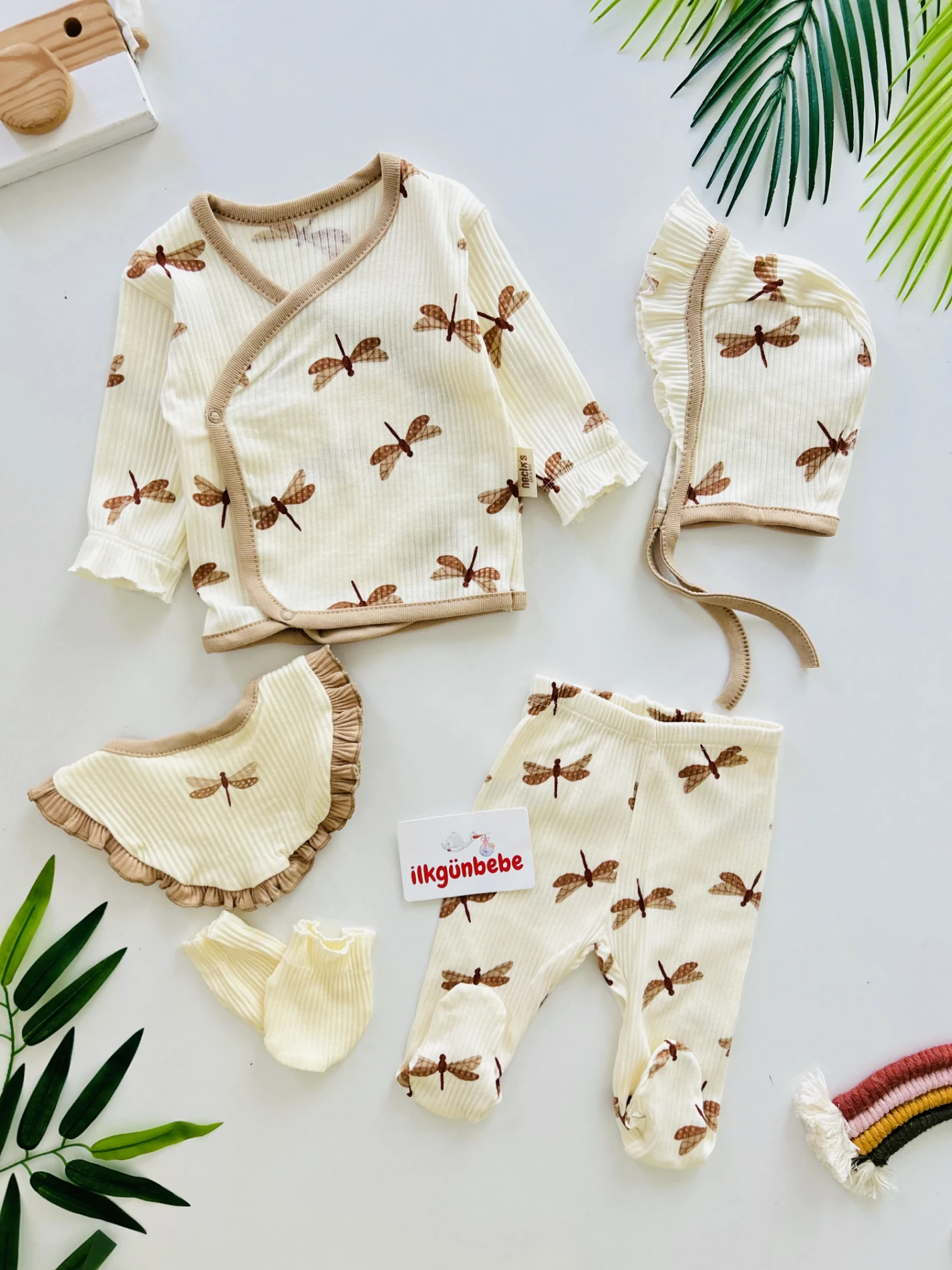 %100 Pamuk Kaşkorse Esnek Kumaş 5 Parça Yenidoğan Set