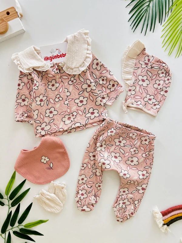 Çiçek Desenli %100 Pamuk Kaşkorse Esnek Kumaş 5 Parça Yenidoğan Set