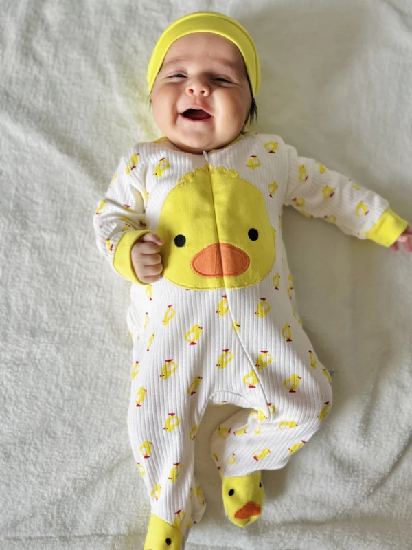 Civciv Desenli Ayaklı Şapkalı Unısex Mevsimlik Tulum