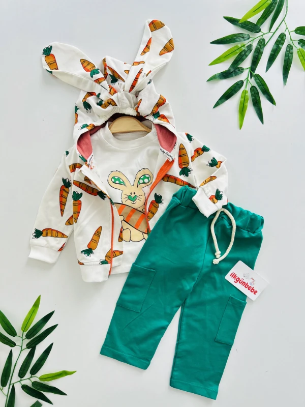 Havuç Desenli Tavşan Kulaklı Kapüşonlu 3’lü %100 Pamuk Takım