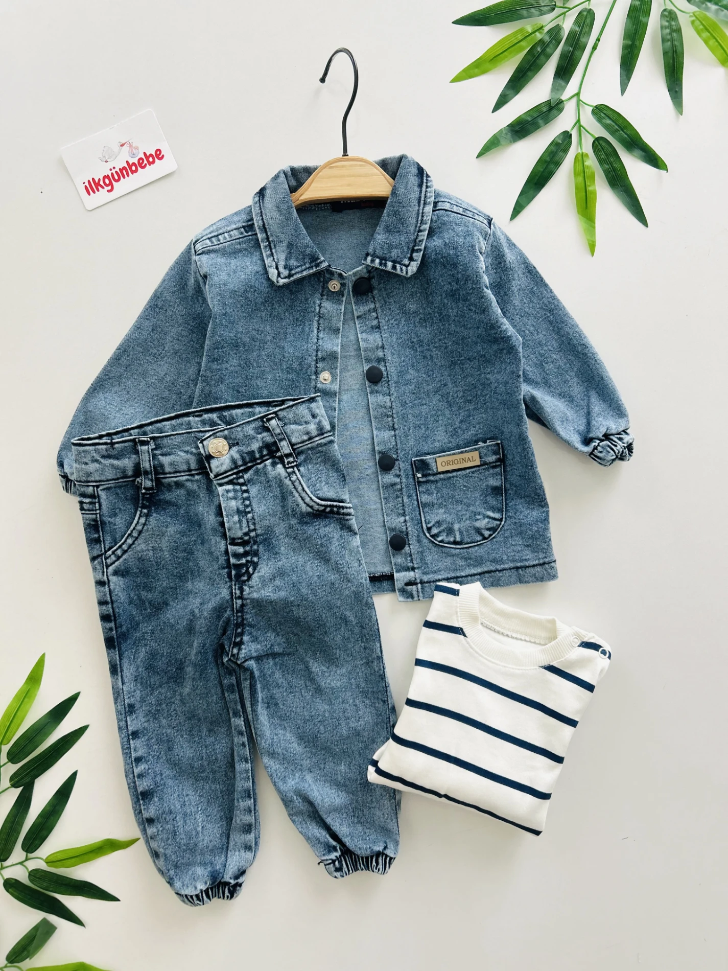 Kot ceketli çizgili bodyli kot pantolonlu üçlü premium takım