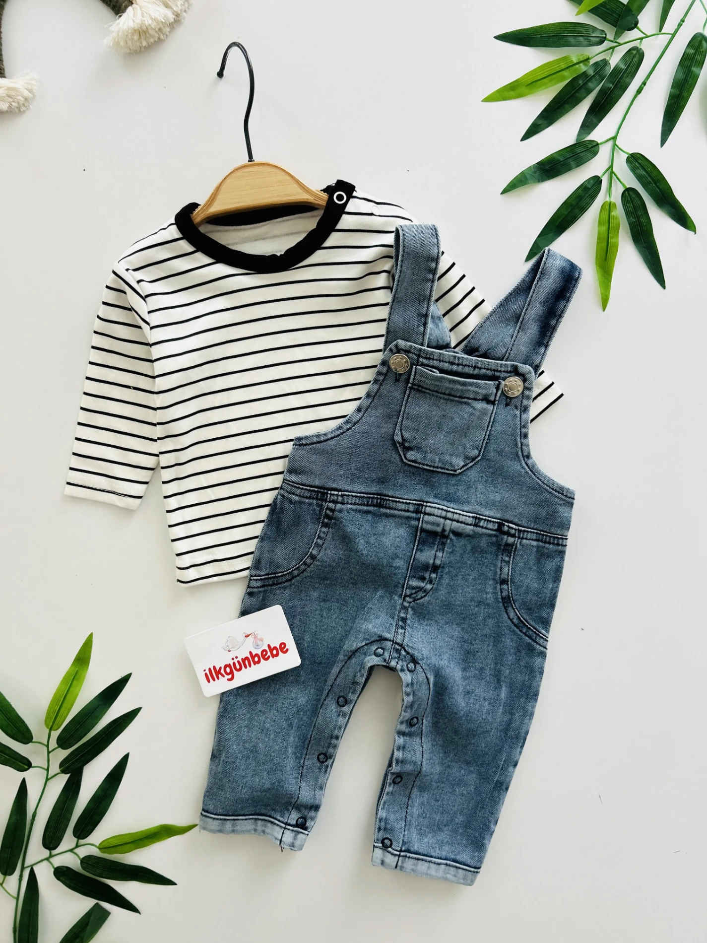 Çizgili Bodyli Kot Salopetli Set