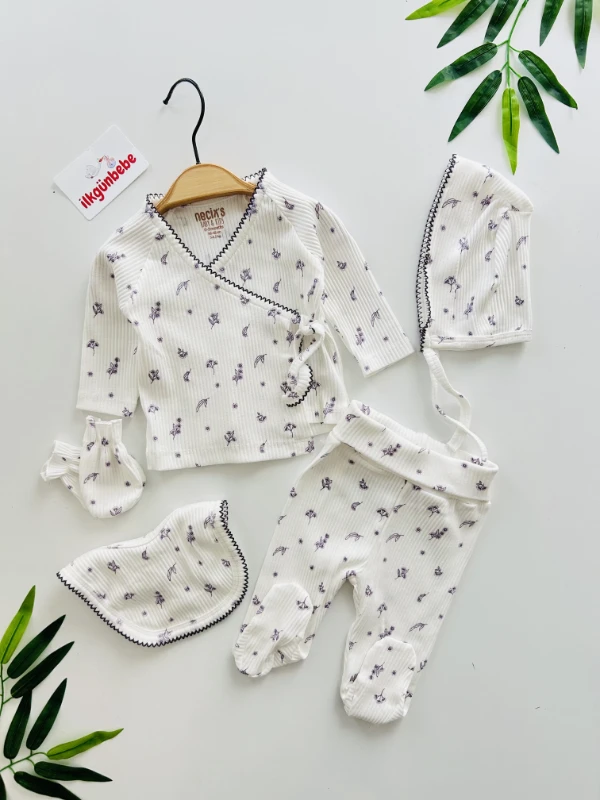 Çiçek Desenli %100 Pamuk 5 Parça Yenidoğan Set