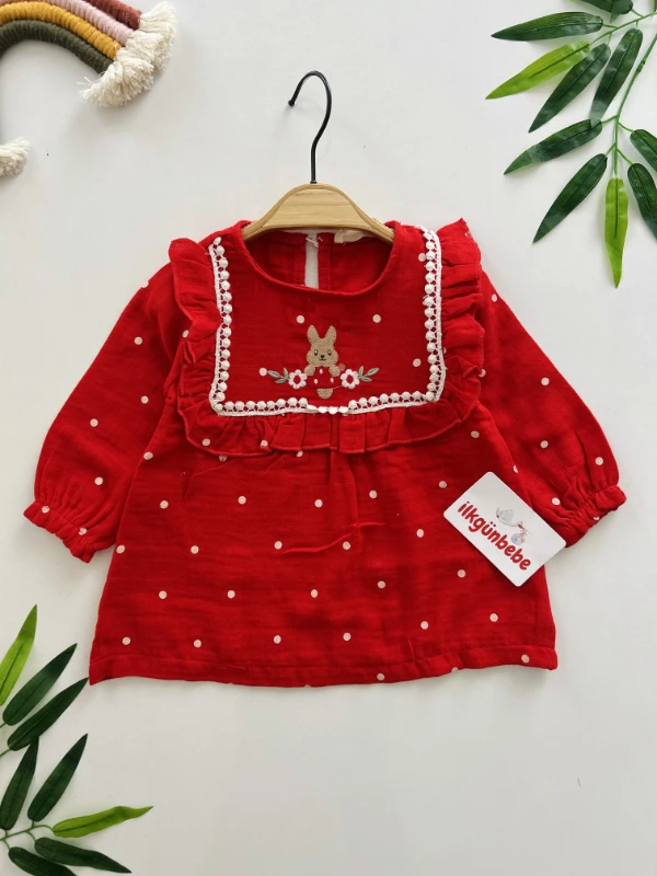 Tavşan Nakışlı Müslin Elbise