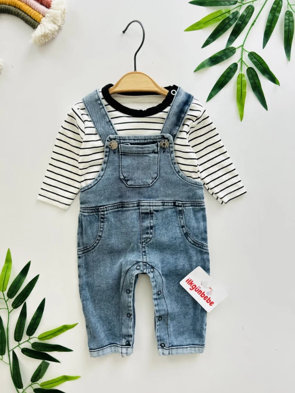 Çizgili Bodyli Kot Salopetli Set