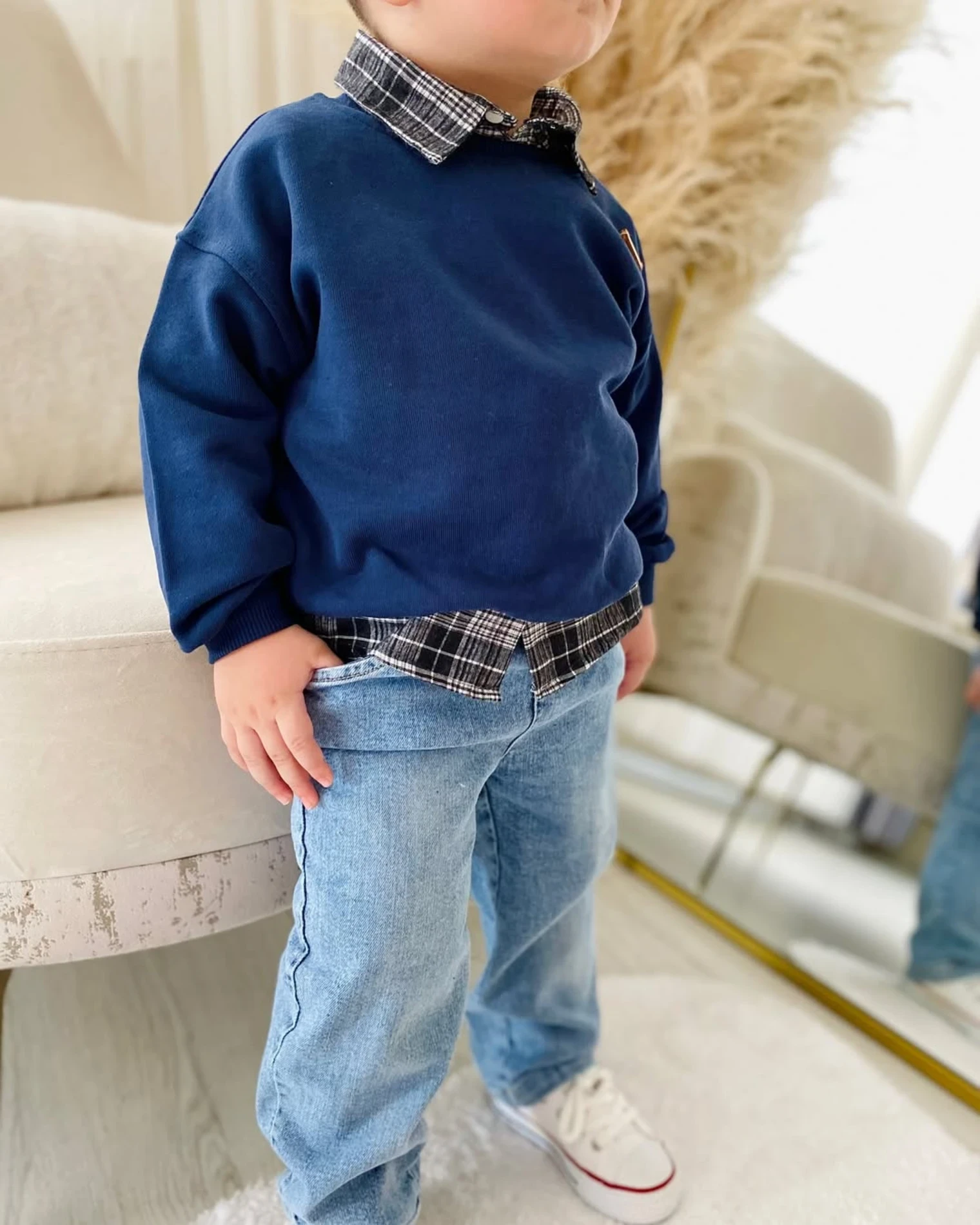 Premium Kalite Erkek Bebek Gömlek Sweatshirt Ve Kot Pantolon 3'Lü Takım 