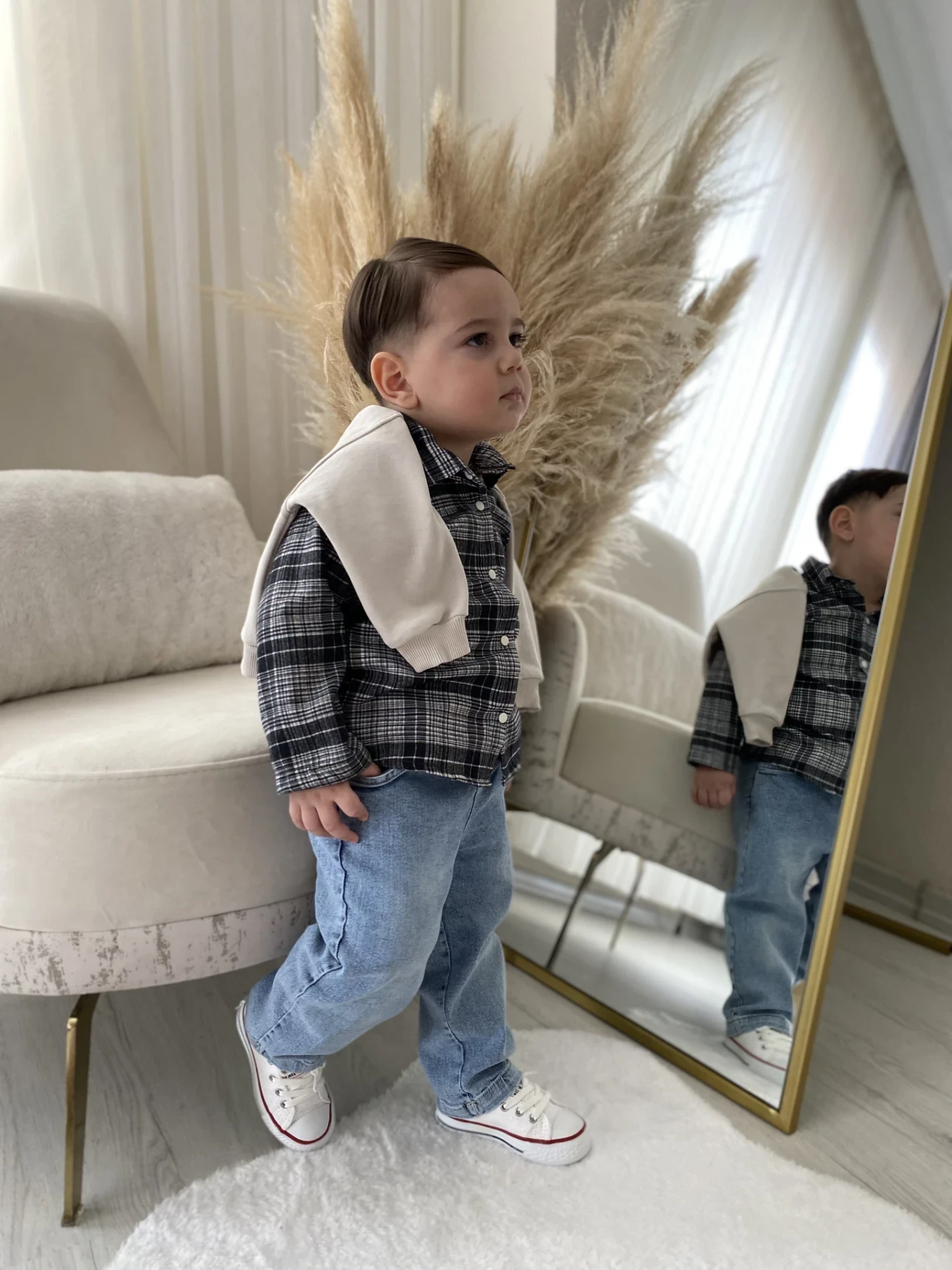 Premium Kalite Erkek Bebek Gömlek Sweatshirt Ve Kot Pantolon 3'Lü Takım 