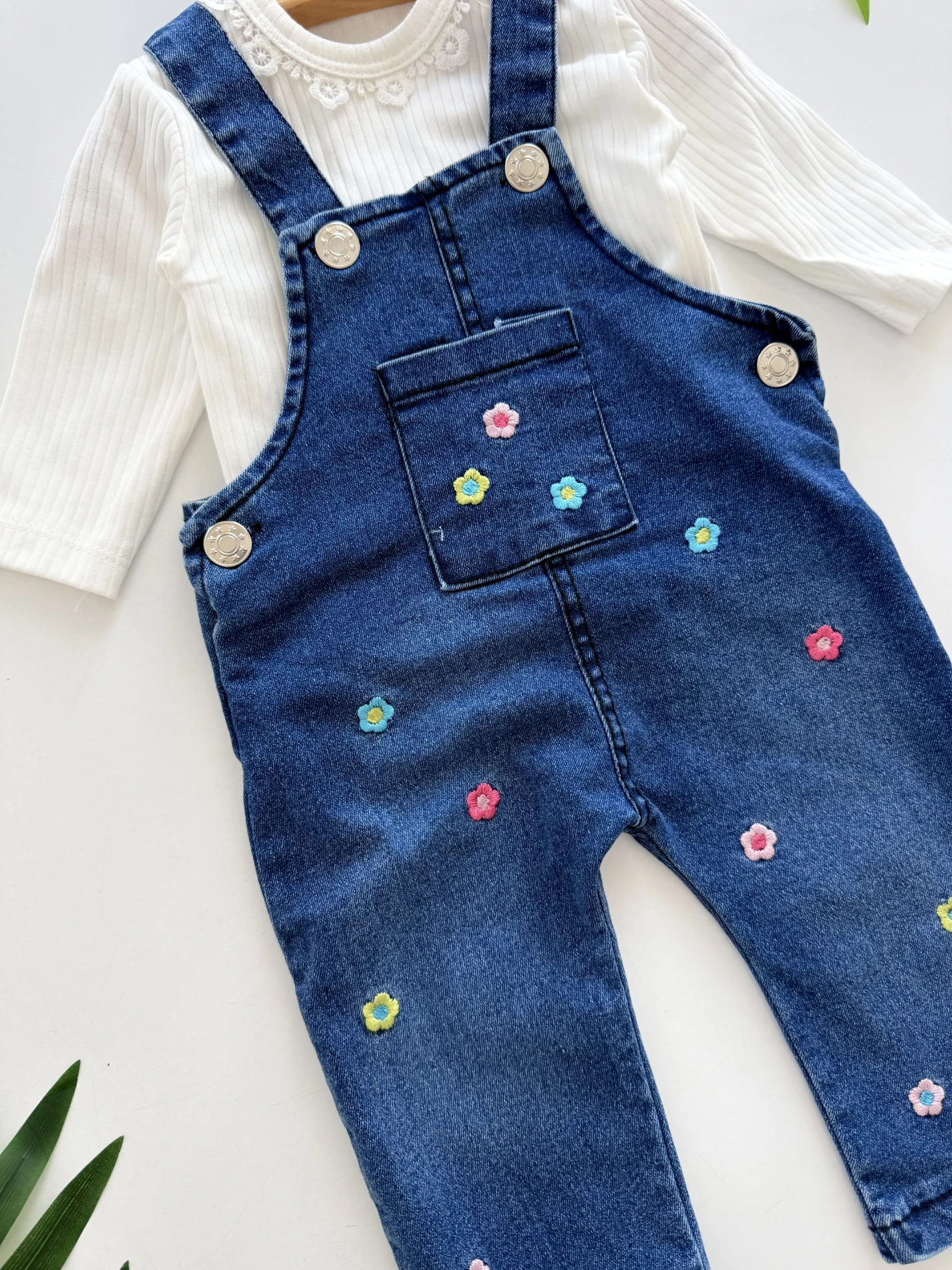 Çiçek Desenli Likralı Esnek Kot Kumaş  Bodyli 2’li Takım