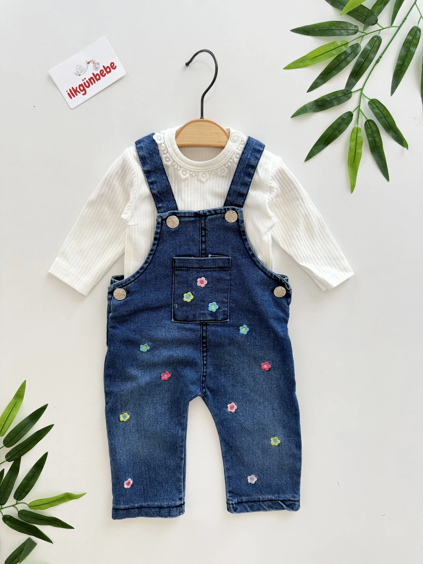 Çiçek Desenli Likralı Esnek Kot Kumaş  Bodyli 2’li Takım