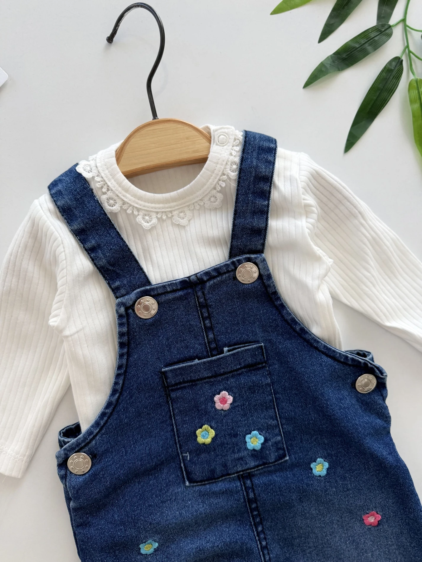 Çiçek Desenli Likralı Esnek Kot Kumaş  Bodyli 2’li Takım