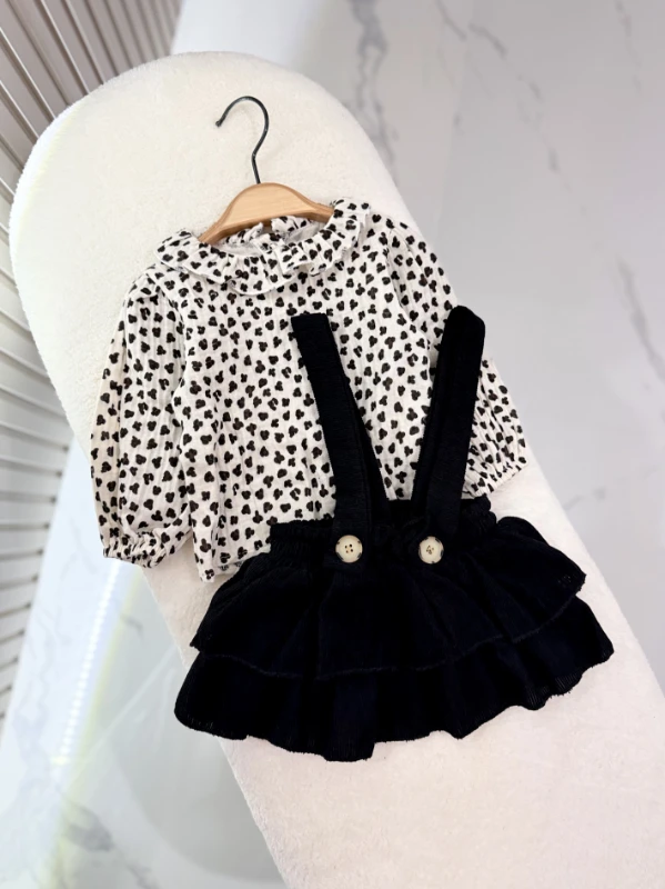 Leopar Desenli Müslin Gömlekli Kadife Salopet Set