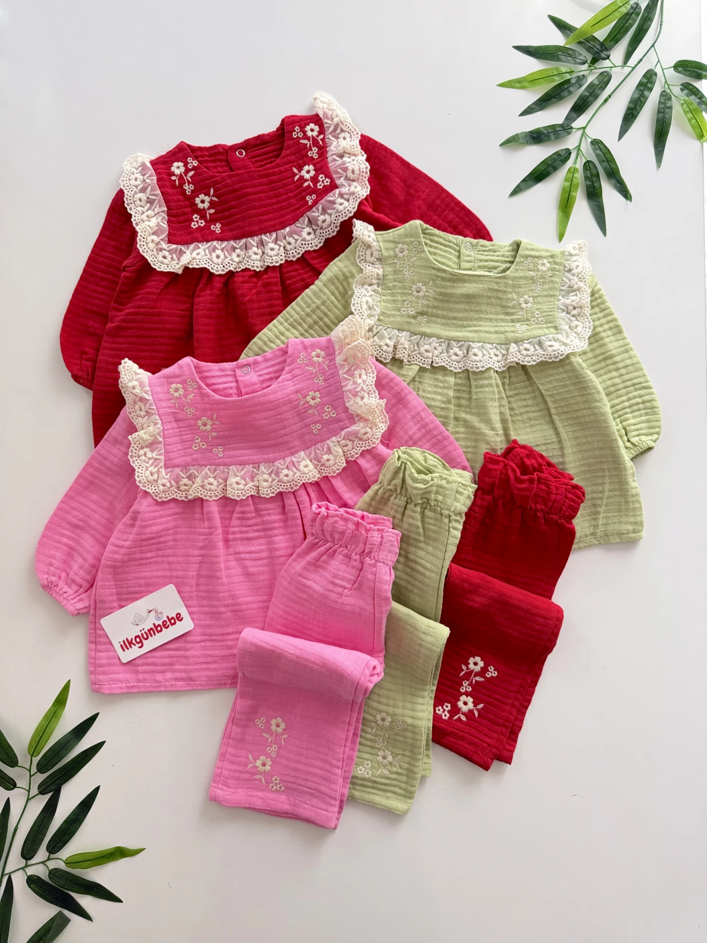 Müslin Kumaş Çiçek Nakışlı Dantelli Premium Takım