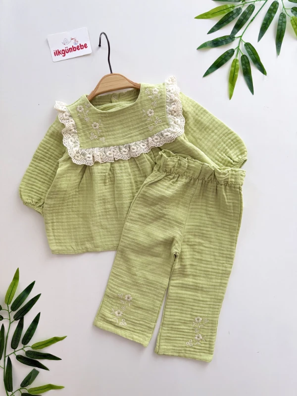 Müslin Kumaş Çiçek Nakışlı Dantelli Premium Takım