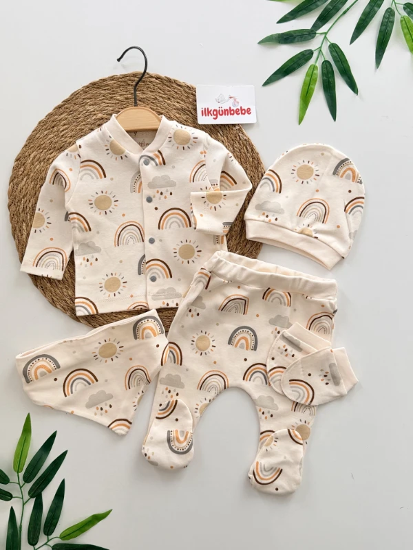 Gökkuşağı Organik Desenli 5 Parça %100 Pamuk Yenidoğan Set