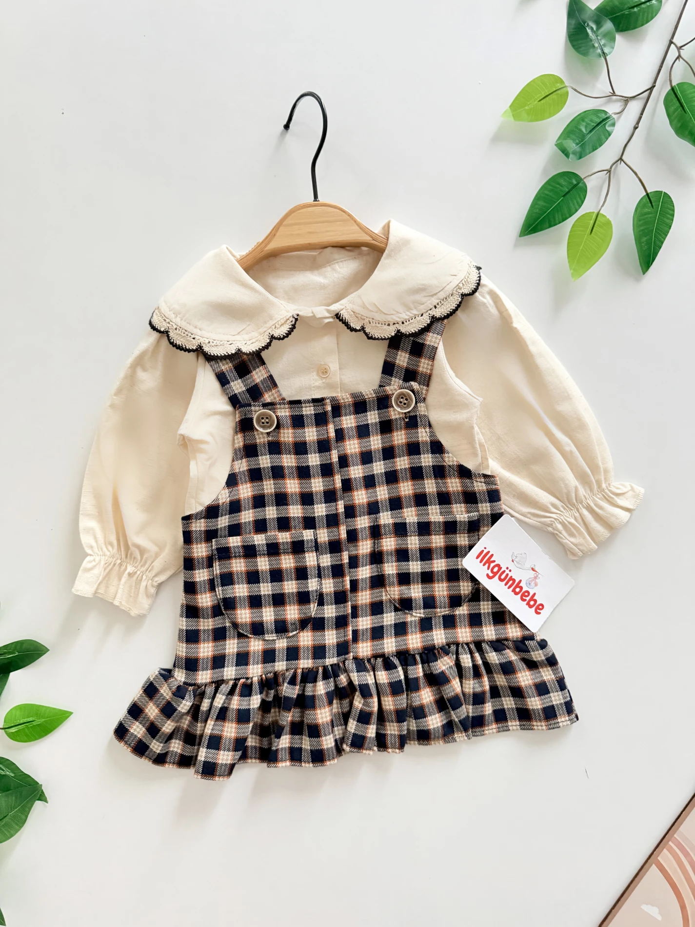 Keten Gömlekli Ekose Desenli Jile Elbise Set