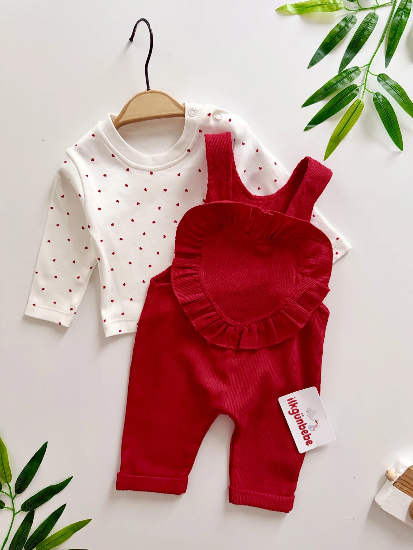 Kalp Tasarımlı Kadife Salopet & Puantiye Body