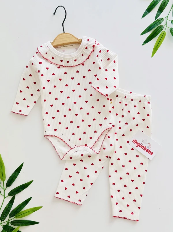 Kalp Desenli %100 Pamuk Esnek Takım