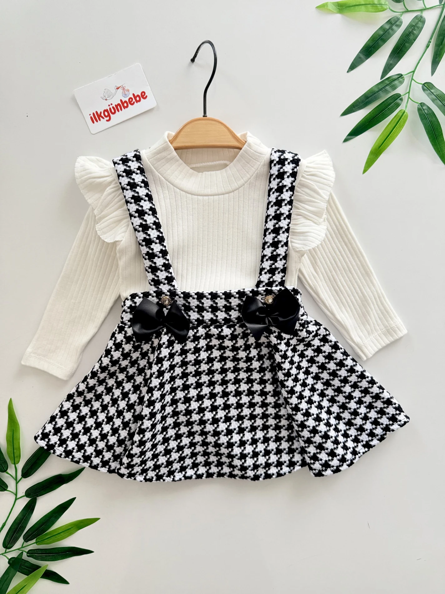 Kazayağı Desenli Fırfır Bodyli Jile Elbise Set