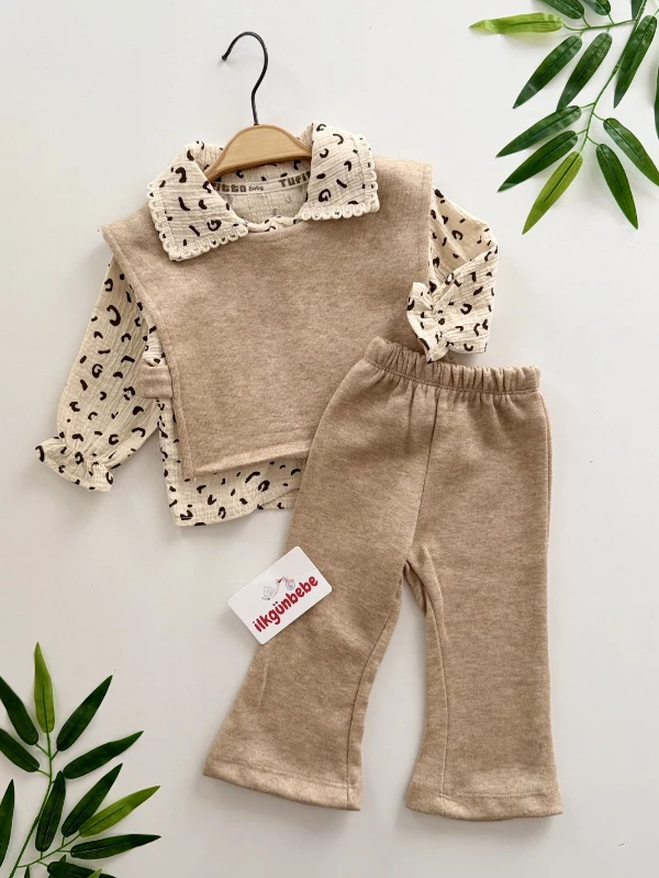 Leopar Müslin Gömlekli Süveterli Premium 3’lü Takım