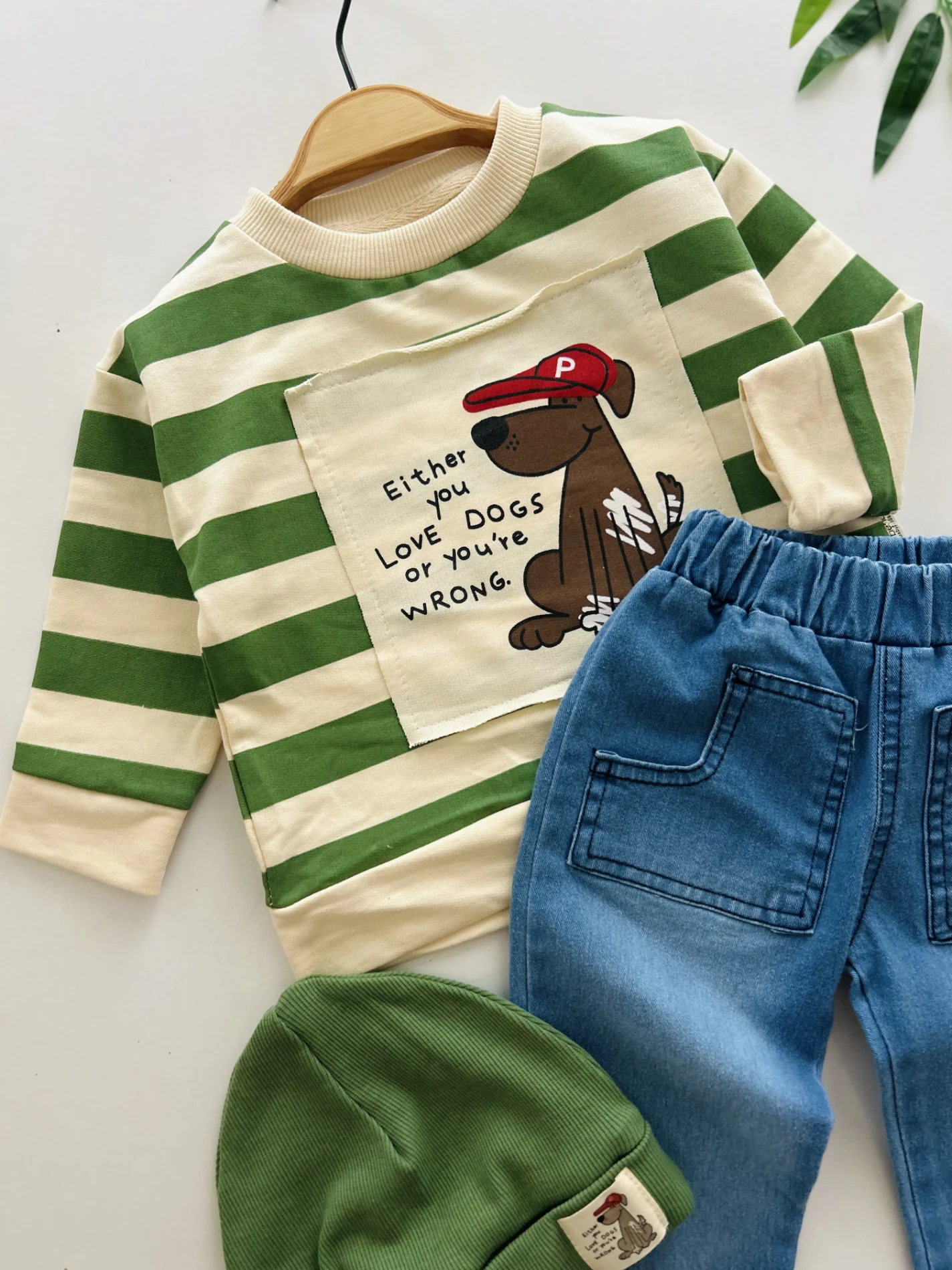 Sevimli Köpek Baskılı Şeritli Bereli Likralı Kot Takım