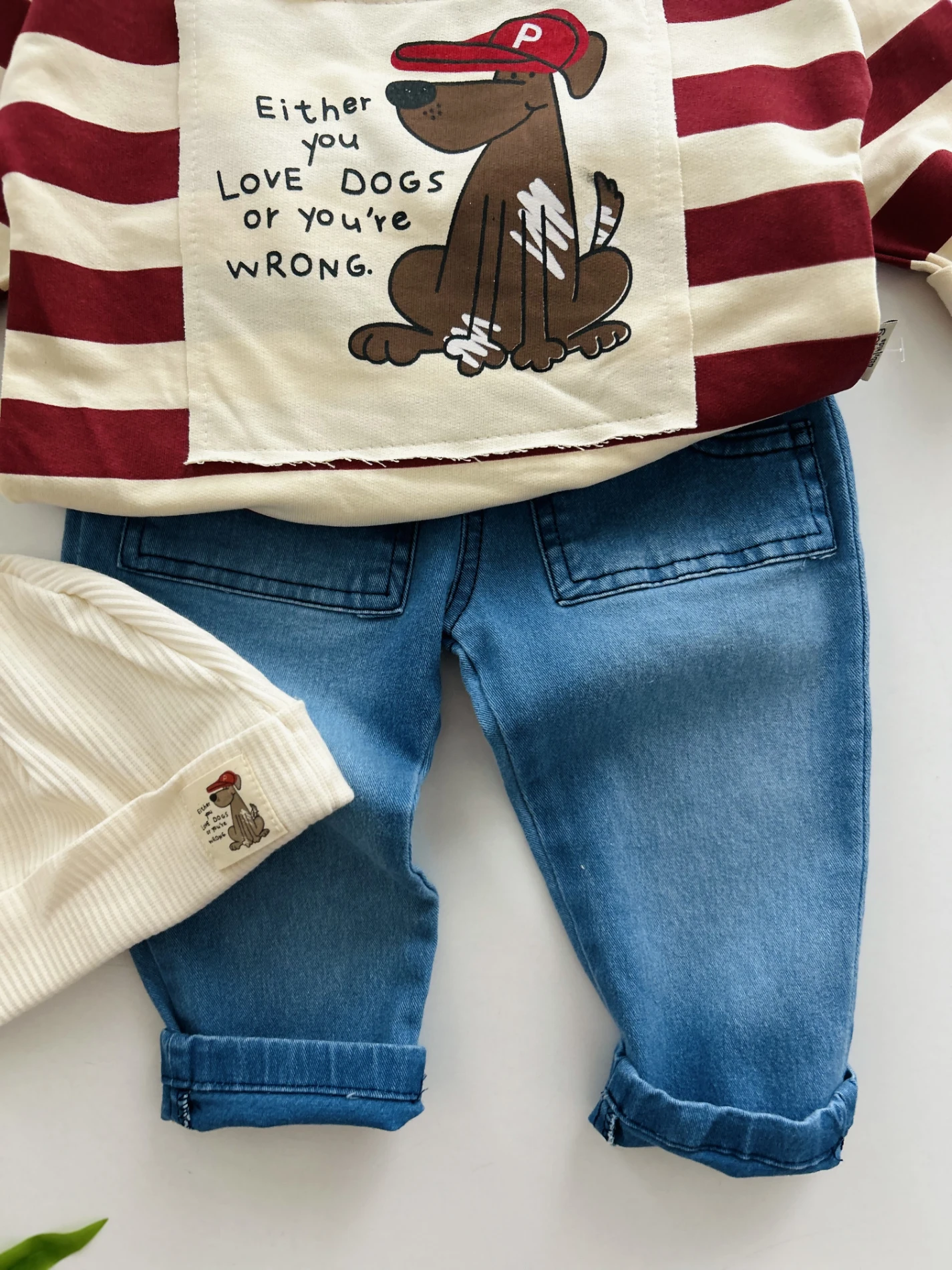 Sevimli Köpek Baskılı Şeritli Bereli Likralı Kot Takım