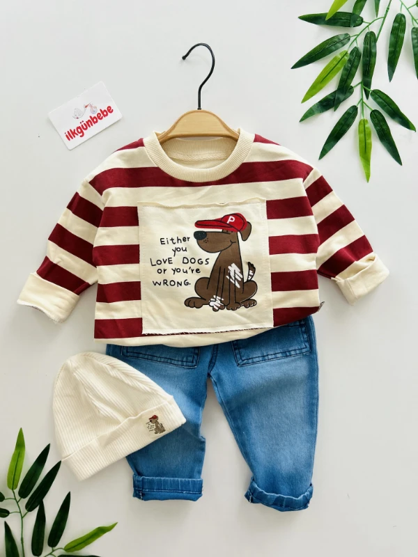 Sevimli Köpek Baskılı Şeritli Bereli Likralı Kot Takım