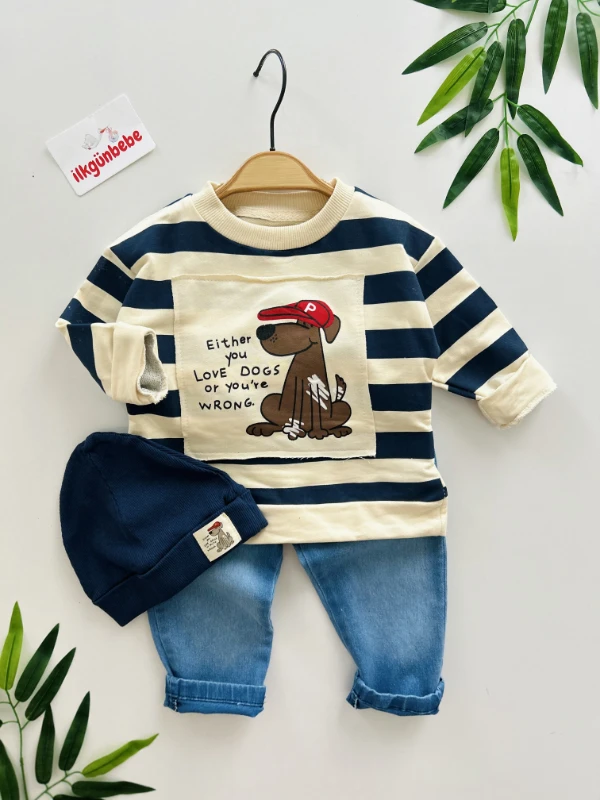 Sevimli Köpek Baskılı Şeritli Bereli Likralı Kot Takım