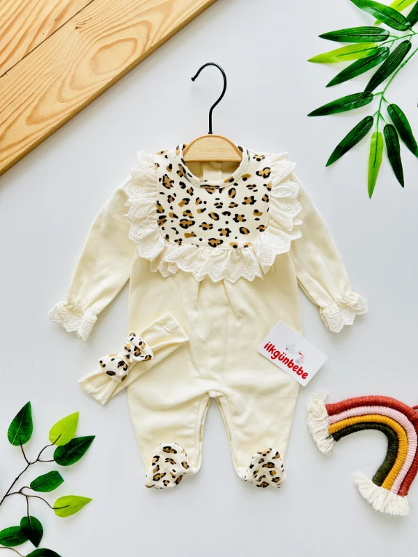 Daisy Leopar Desenli Premium Kalite %100 Pamuk Bandanalı 2’li Tulum Set