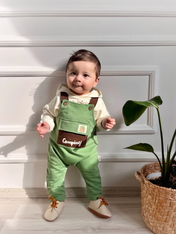 Camping Teddy Cep Detaylı Salopetli Kapüşonlu Sweatli 2’li Cool Takım