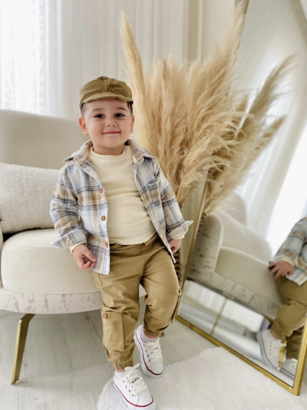 Harry Oduncu Ekose Kalın Gömlekli Waffle Nefes alan Kumaş Badili Kargo Pantalonlu Şapkalı 4’lü Premium Kalite Takıl