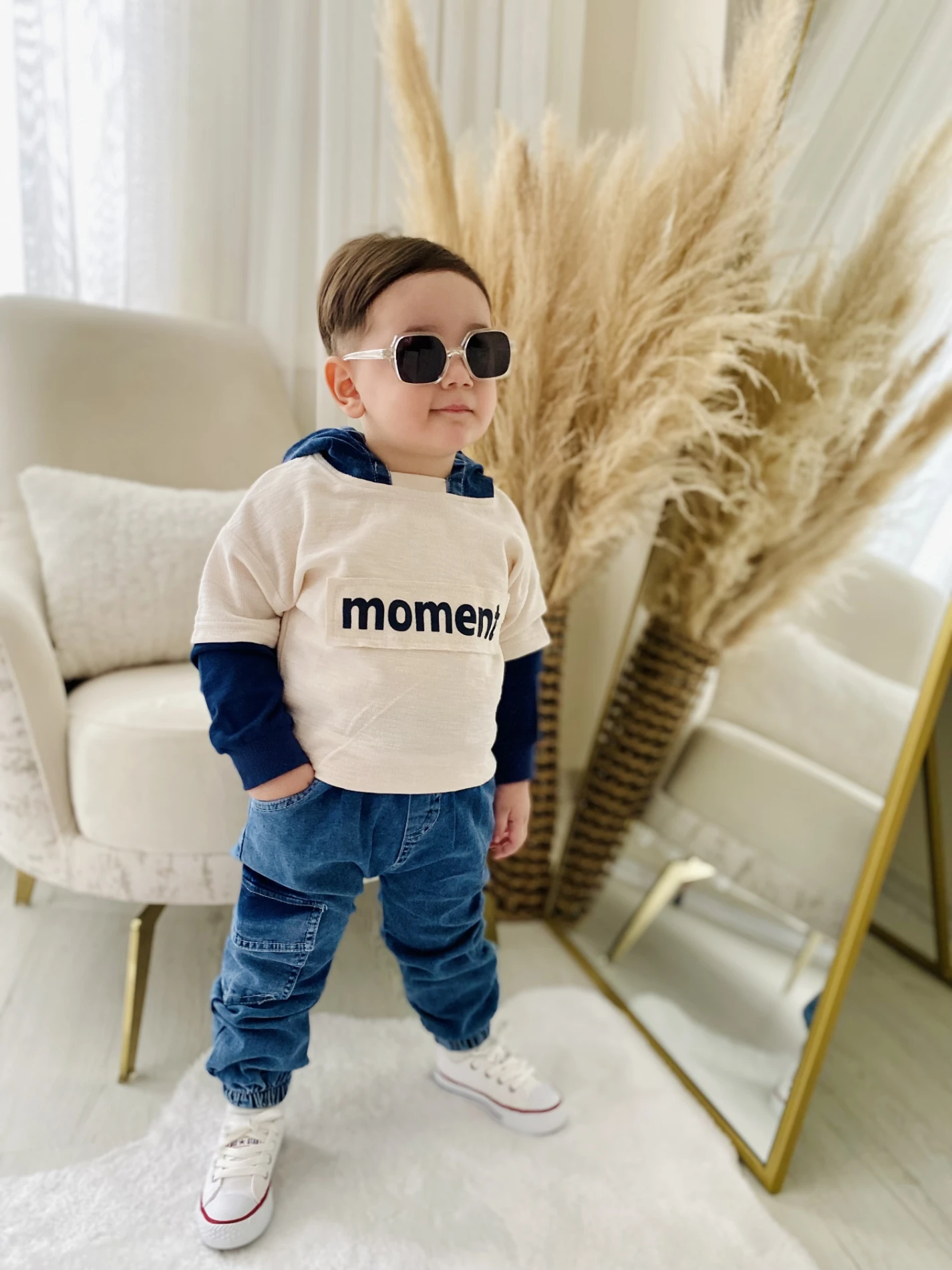 Moment Baskılı Kapüşonlu Sweatli Likralı Yumuşacık Kot Kumaş Pantonlu 2’li Premium Kalite Takım