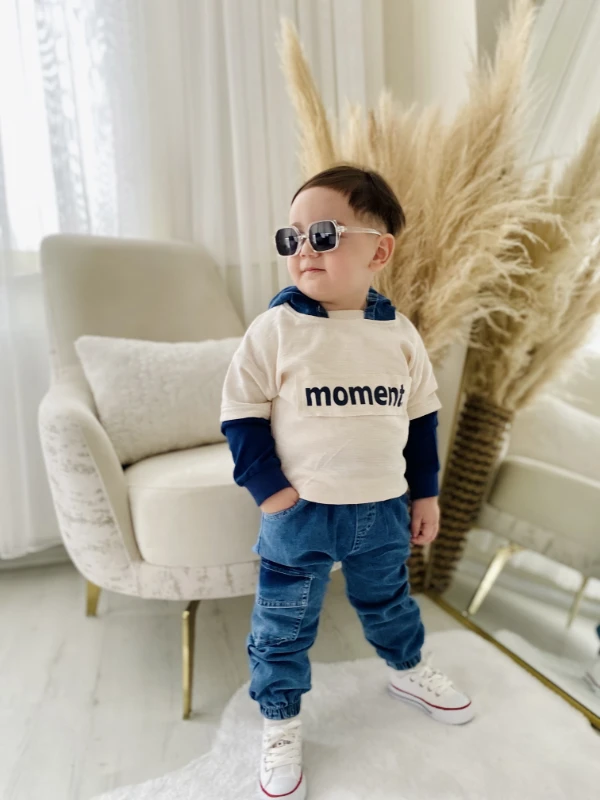 Moment Baskılı Kapüşonlu Sweatli Likralı Yumuşacık Kot Kumaş Pantonlu 2’li Premium Kalite Takım