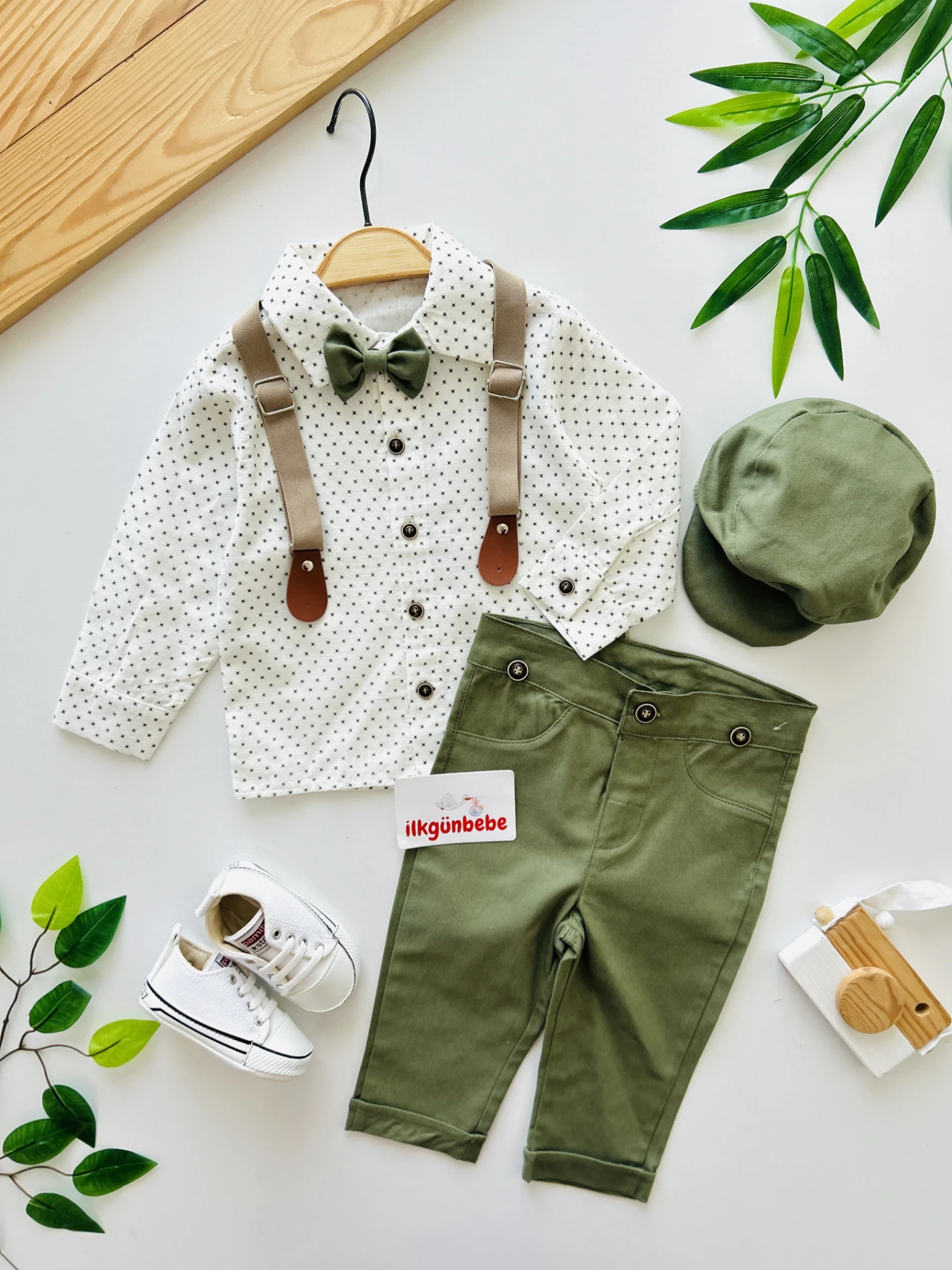 Gabardin Pantalon Keten Gömlekli Kasketli Askı Kemerli Papyonlu 5’li Premium Kalite Takım