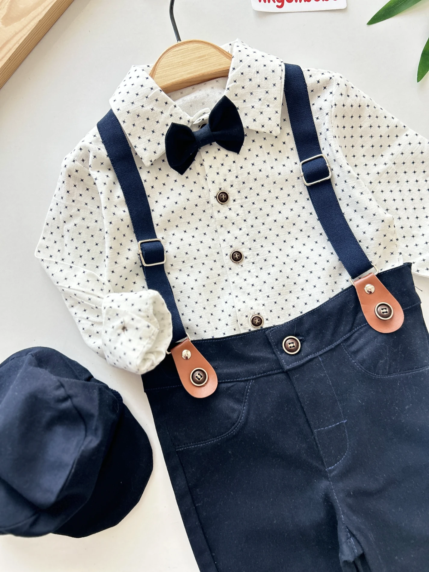 Gabardin Pantalon Keten Gömlekli Kasketli Askı Kemerli Papyonlu 5’li Premium Kalite Takım