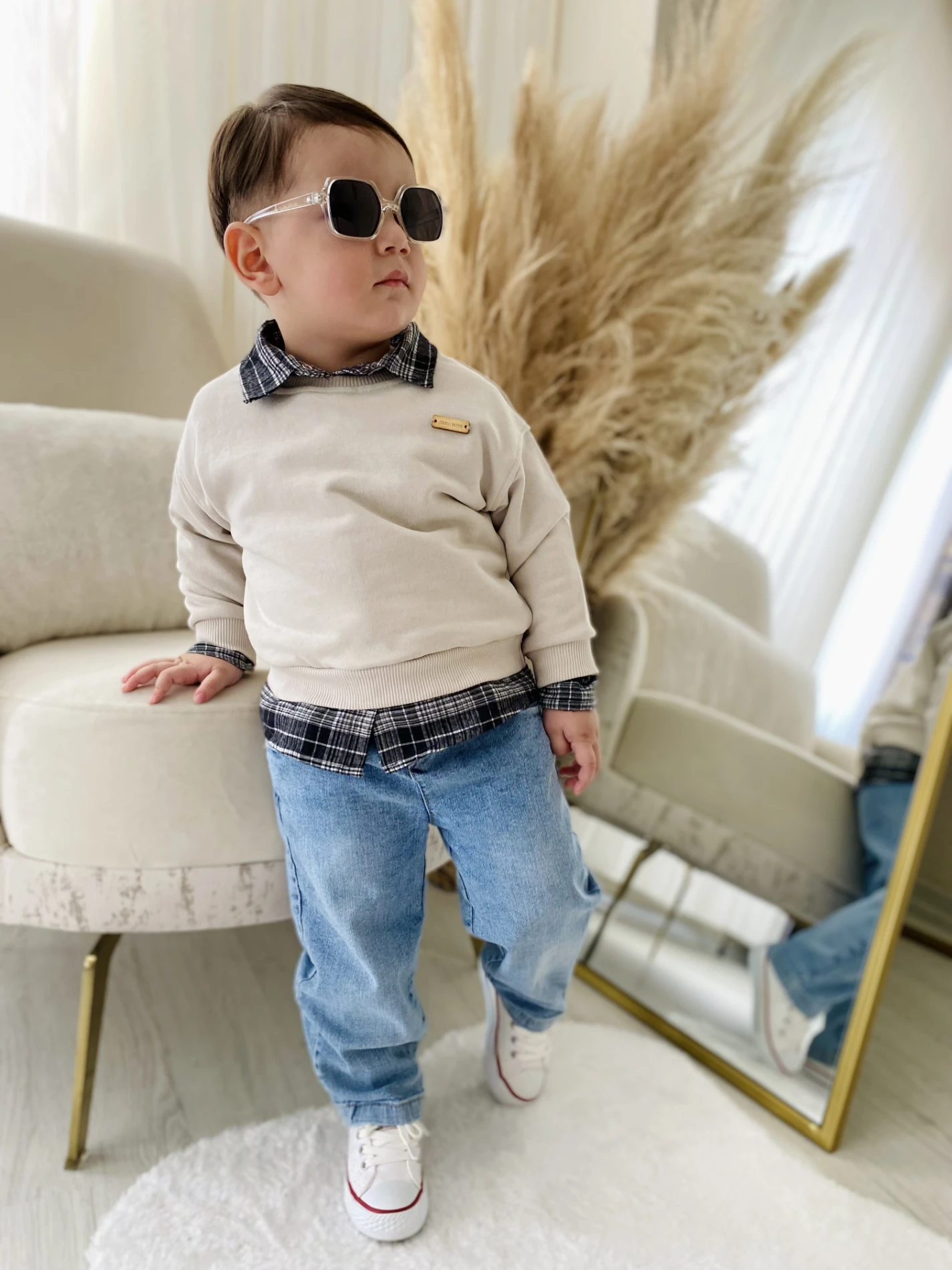 Premium Kalite Erkek Bebek Gömlek Sweatshirt Ve Kot Pantolon 3'Lü Takım 