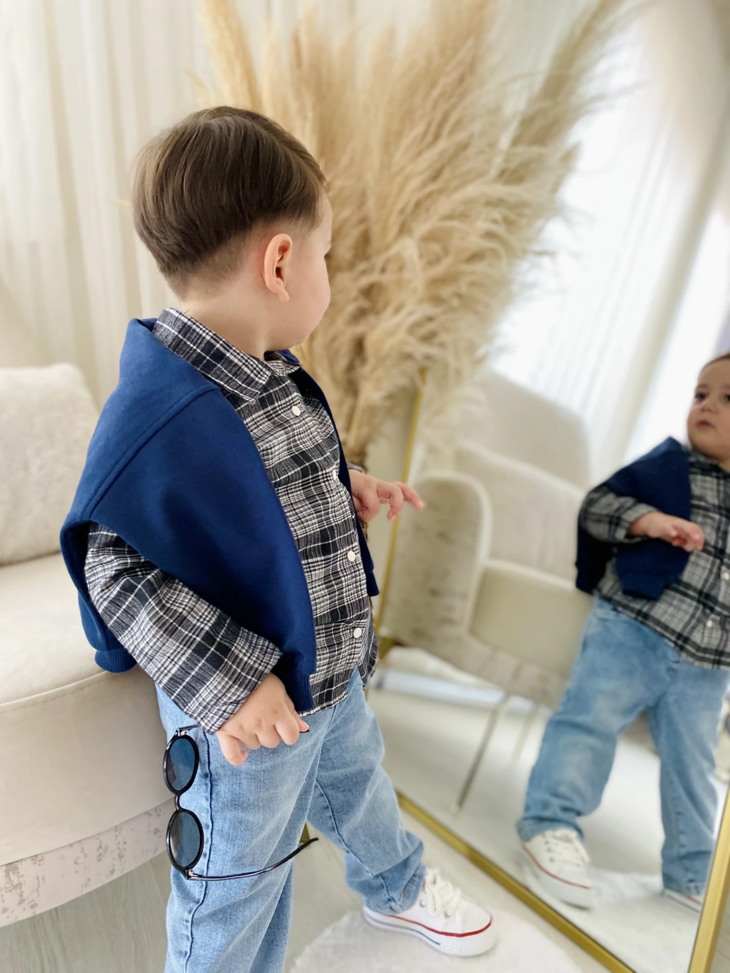 Premium Kalite Erkek Bebek Gömlek Sweatshirt Ve Kot Pantolon 3'Lü Takım 