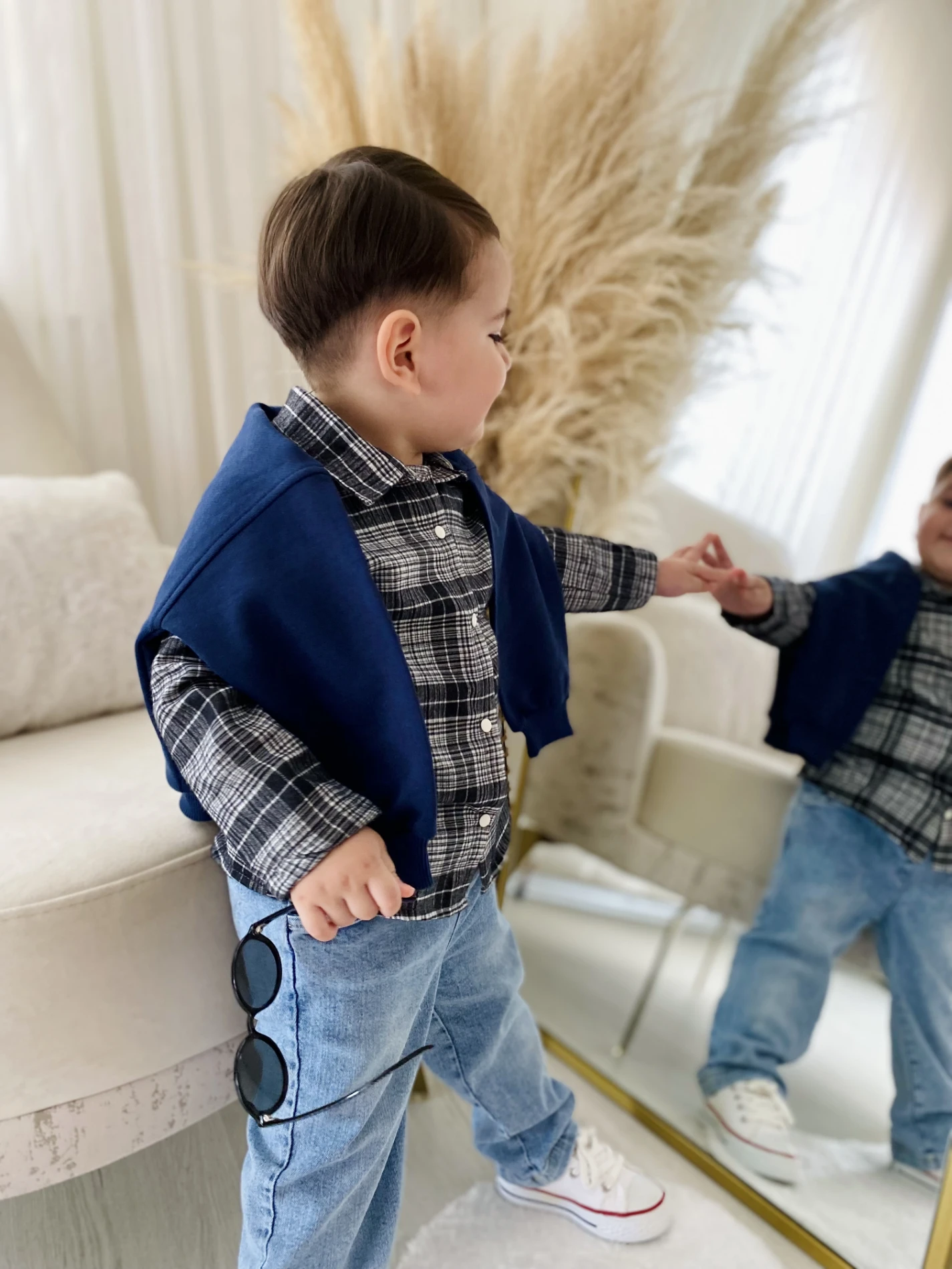 Premium Kalite Erkek Bebek Gömlek Sweatshirt Ve Kot Pantolon 3'Lü Takım 