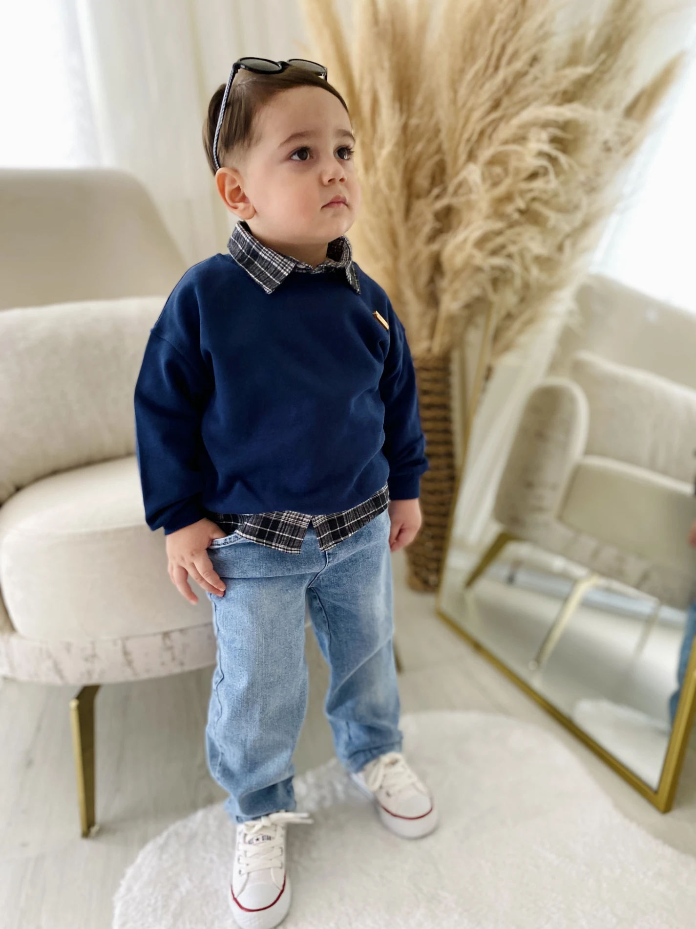 Premium Kalite Erkek Bebek Gömlek Sweatshirt Ve Kot Pantolon 3'Lü Takım 