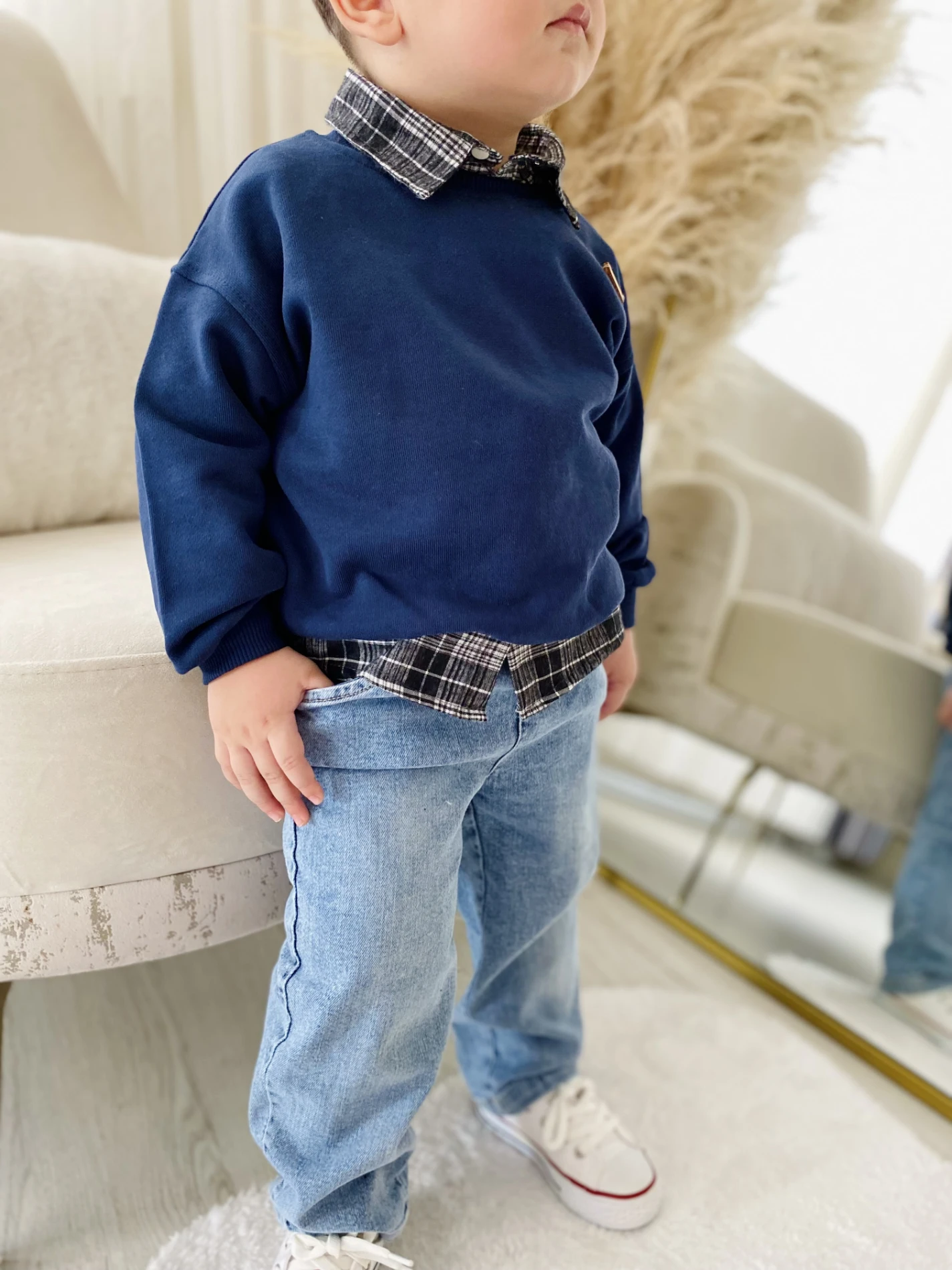 Premium Kalite Erkek Bebek Gömlek Sweatshirt Ve Kot Pantolon 3'Lü Takım 